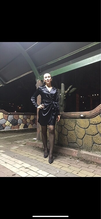s Beden siyah Renk saten uzun kollu elbise