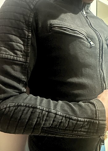 LC Waikiki Gri Fermuarlı Erkek Denim Biker Ceket