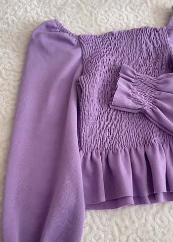 Mor Büzgülü ve Fırfırlı Bohem Bluz - Görsel 2