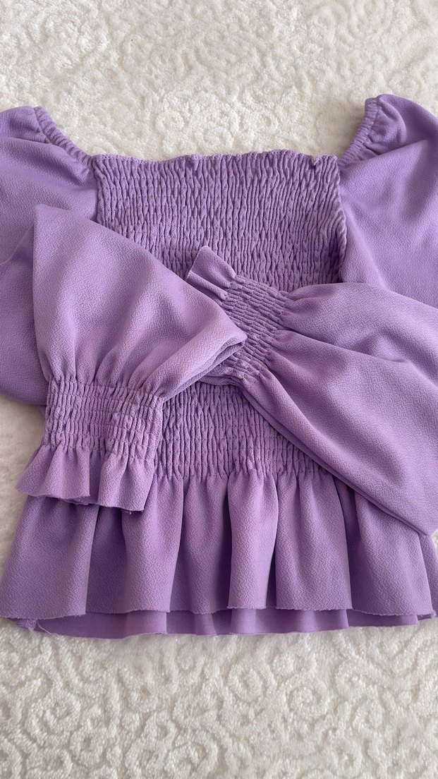 Mor Büzgülü ve Fırfırlı Bohem Bluz - Görsel 3