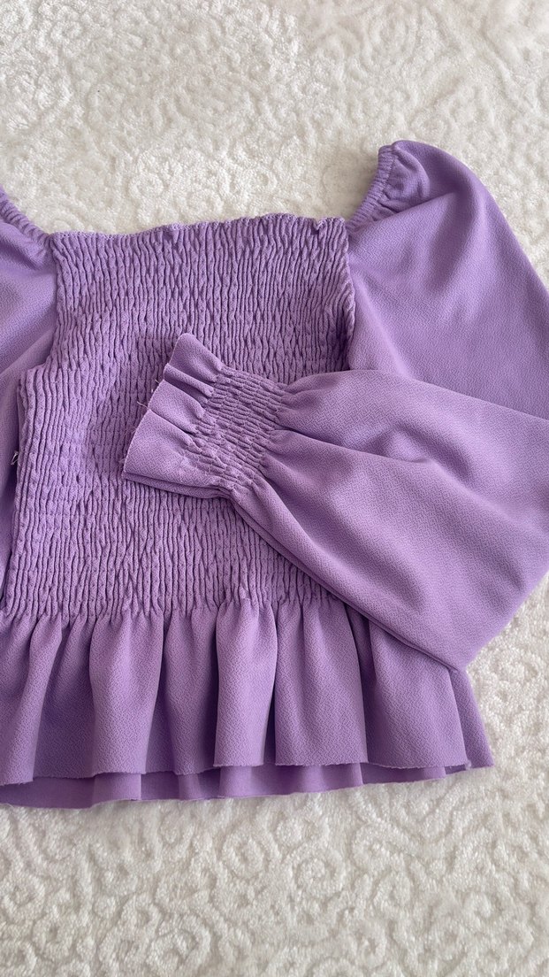 Mor Büzgülü ve Fırfırlı Bohem Bluz - Görsel 4