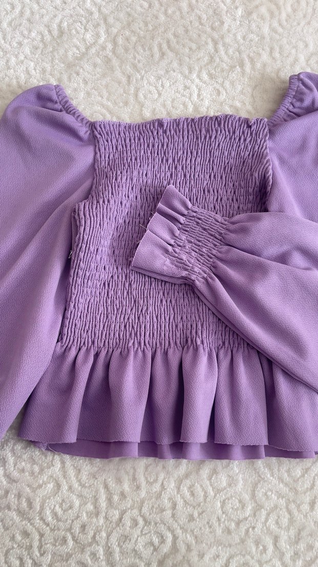 Mor Büzgülü ve Fırfırlı Bohem Bluz - Görsel 5