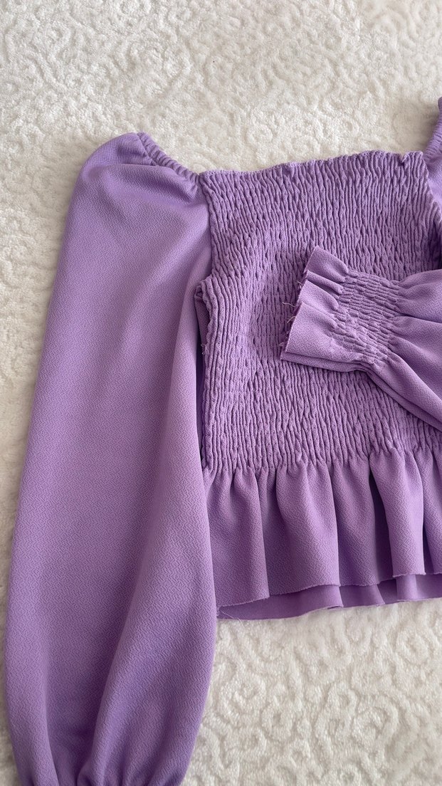 Mor Büzgülü ve Fırfırlı Bohem Bluz - Görsel 2