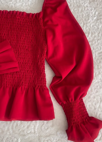 Kırmızı Kadın Fırfırlı Bluz, Uzun Kollu - Görsel 3