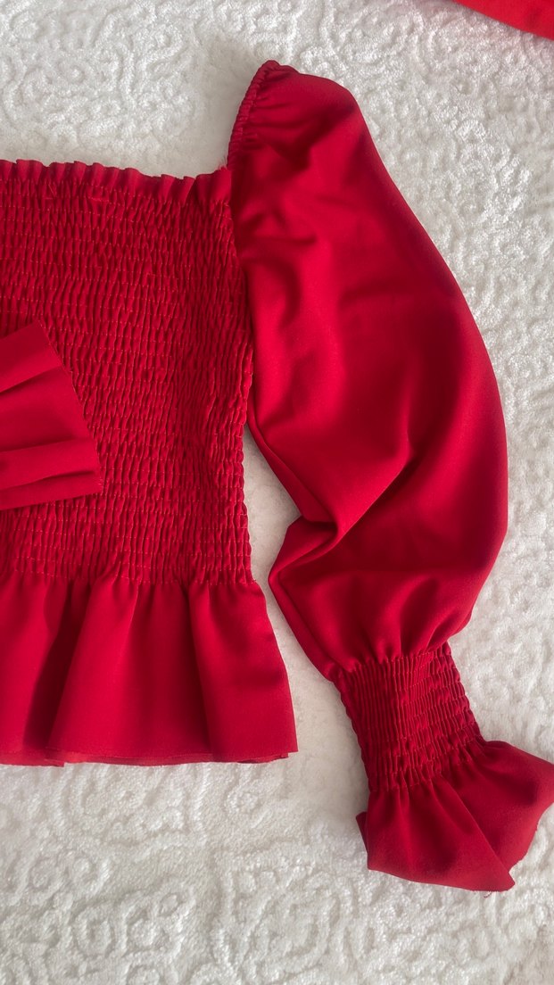 Kırmızı Kadın Fırfırlı Bluz, Uzun Kollu - Görsel 3