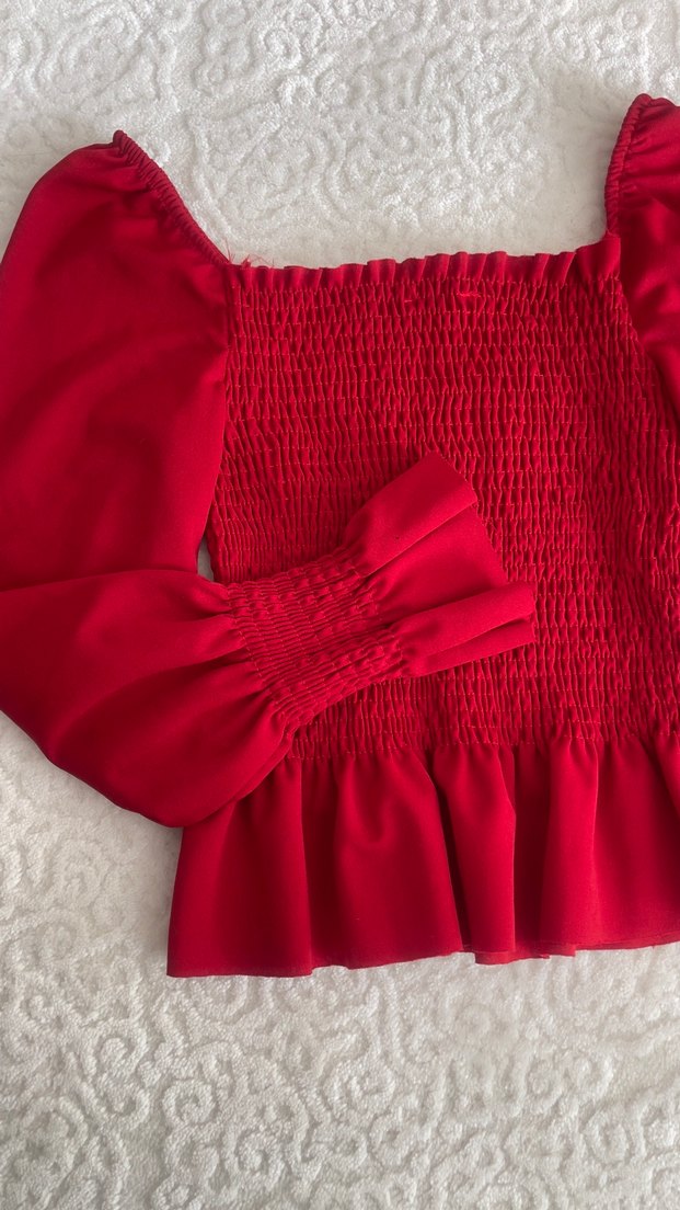 Kırmızı Kadın Fırfırlı Bluz, Uzun Kollu - Görsel 2