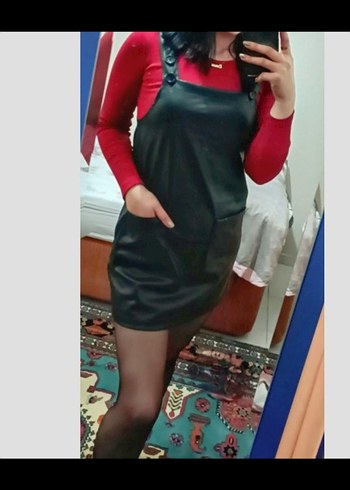 Siyah Deri Askılı Mini Elbise - Görsel 3