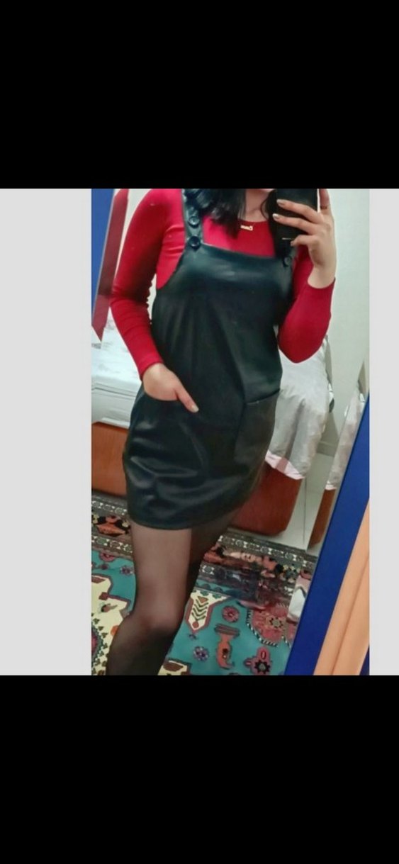 Siyah Deri Askılı Mini Elbise - Görsel 3