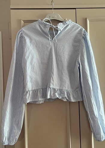 Mavi Çizgili Fırfırlı Uzun Kollu Keten Bluz - Görsel 2