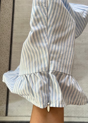 Mavi Çizgili Fırfırlı Uzun Kollu Keten Bluz - Görsel 3