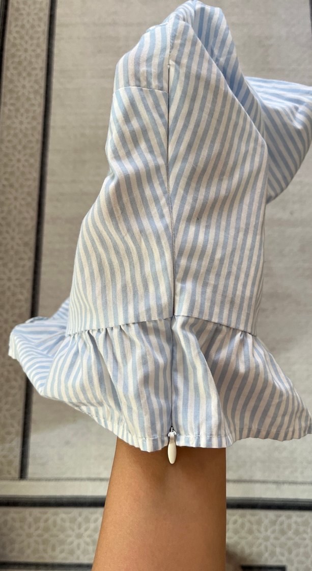 Mavi Çizgili Fırfırlı Uzun Kollu Keten Bluz - Görsel 3