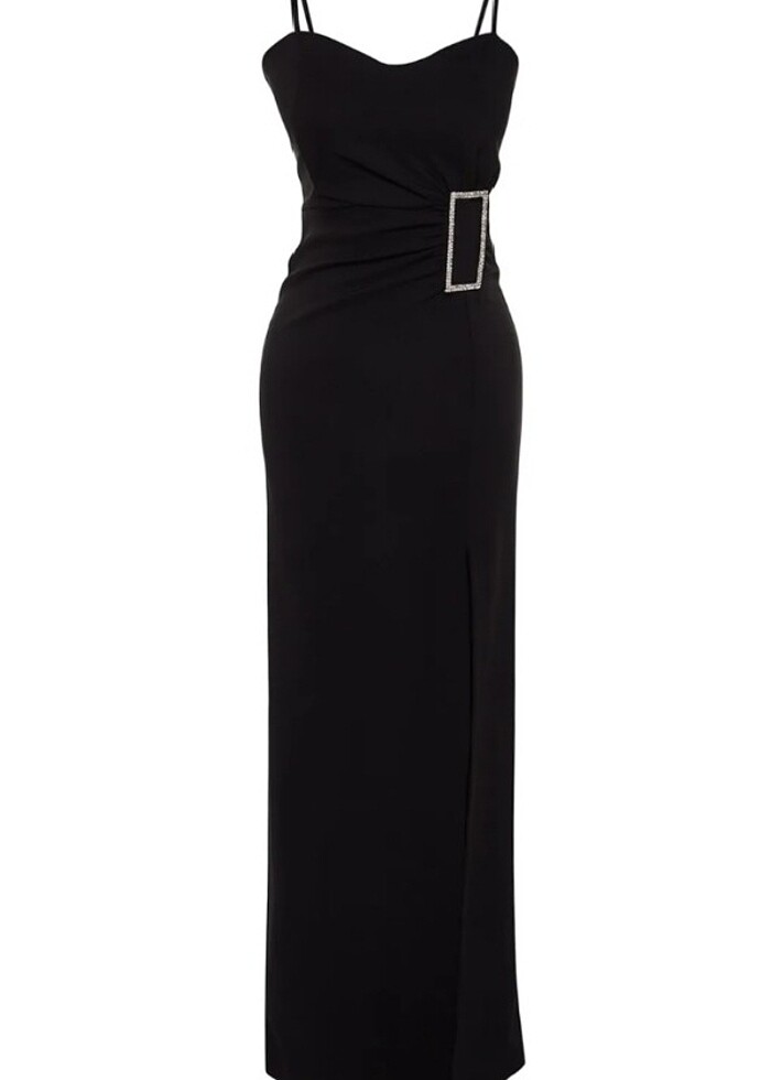 Siyah Aksesuar Detaylı Uzun Gece Elbisesi - Görsel 5