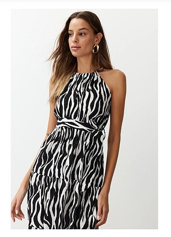 Siyah Desenli Dokuma Elbise  - Görsel 7