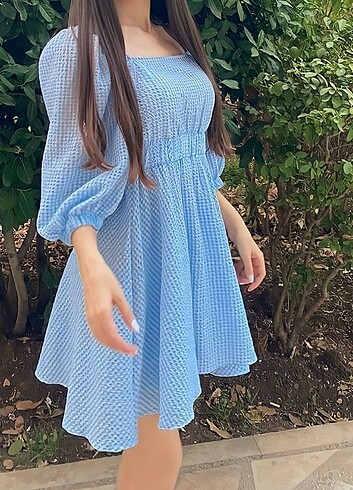 Mavi Kareli Kısa Elbise  - Görsel 2