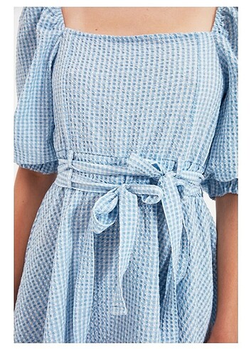 Mavi Kareli Kısa Elbise  - Görsel 5