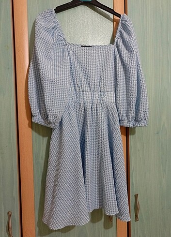 Mavi Kareli Kısa Elbise  - Görsel 3