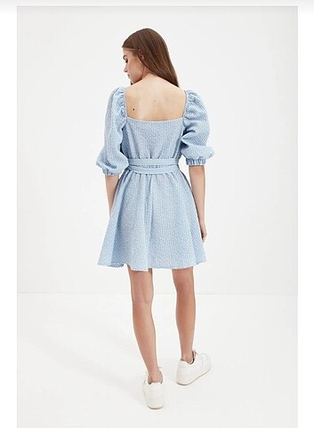 Mavi Kareli Kısa Elbise  - Görsel 4