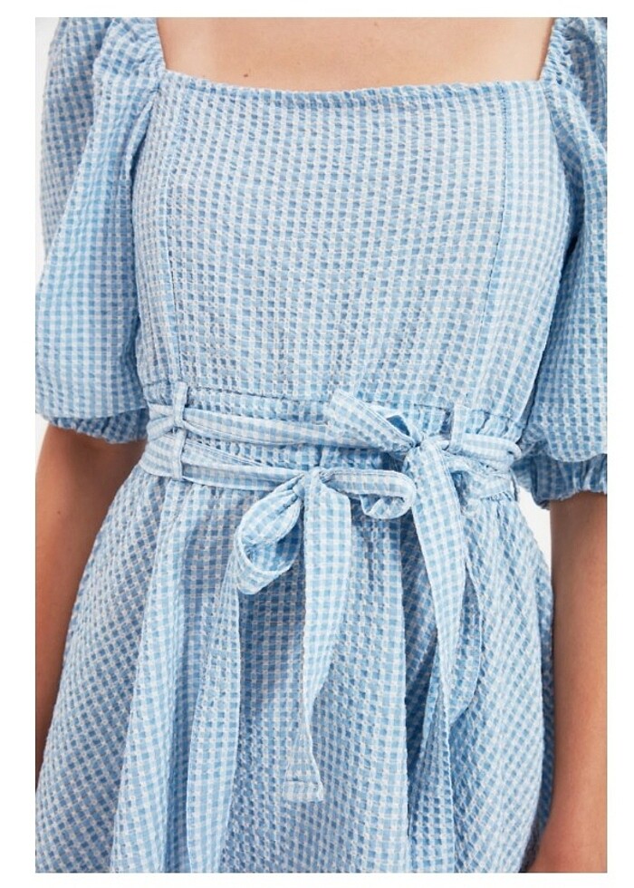 Mavi Kareli Kısa Elbise  - Görsel 5