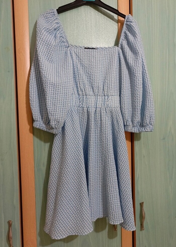 Mavi Kareli Kısa Elbise  - Görsel 3