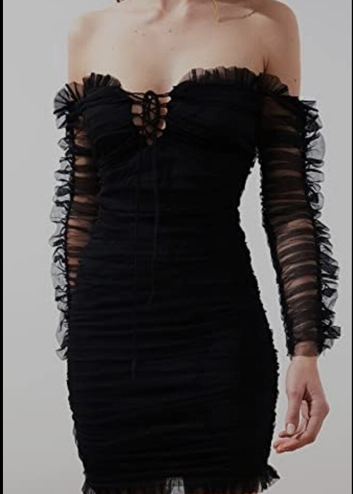 Siyah Drapeli Tül Elbise  - Görsel 4