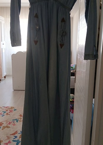 Düğmeli Uzun Kot Elbise - Görsel 2