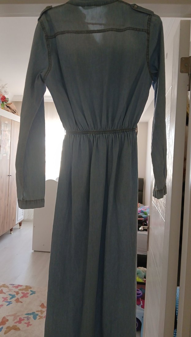 Düğmeli Uzun Kot Elbise - Görsel 3