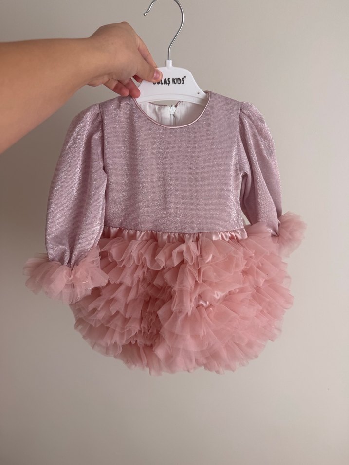 Pembe Fırfırlı Uzun Kollu Kız Çocuk Elbise - Görsel 2