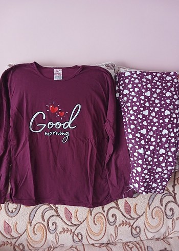 Bordo Desenli Kadın Pijama Takımı, Uzun Kollu - Görsel 2