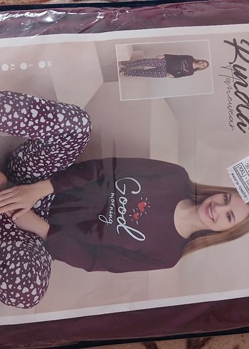 Bordo Desenli Kadın Pijama Takımı, Uzun Kollu - Görsel 8