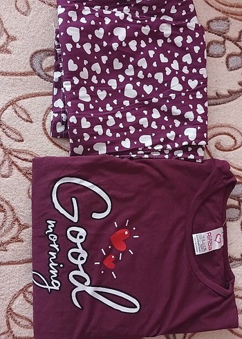 Bordo Desenli Kadın Pijama Takımı, Uzun Kollu - Görsel 7