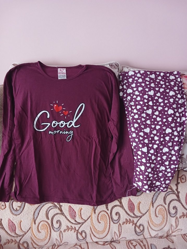 Bordo Desenli Kadın Pijama Takımı, Uzun Kollu - Görsel 2