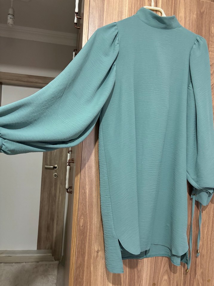 Uzun Kollu Yüksek Yakalı Turkuaz  pantolon Tunik takım - Görsel 3