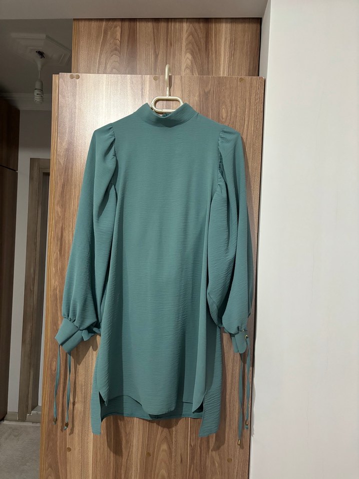 Uzun Kollu Yüksek Yakalı Turkuaz  pantolon Tunik takım - Görsel 2