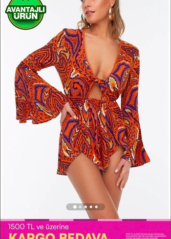 Bohem Çok Renkli V Yaka Mini Tulum - Görsel 3