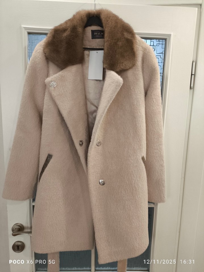 Kürklü Bej Midi Kadın Kaban - Görsel 2