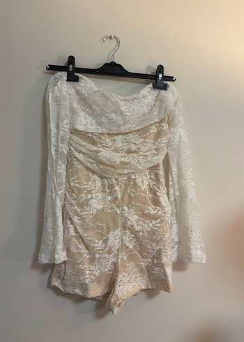 Dantel Detaylı Mini Beyaz Kadın Tulum - Görsel 3