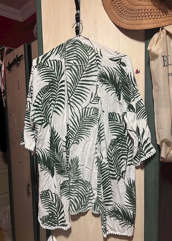 s Beden Yeşil Yaprak Desenli Bohem Uzun Kimono