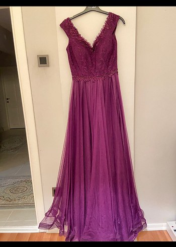 Bordo V Yaka Uzun Abiye Elbise - Görsel 2