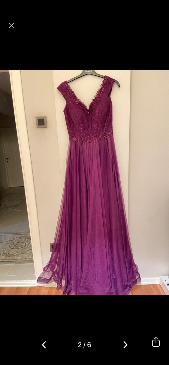 Bordo V Yaka Uzun Abiye Elbise - Görsel 2