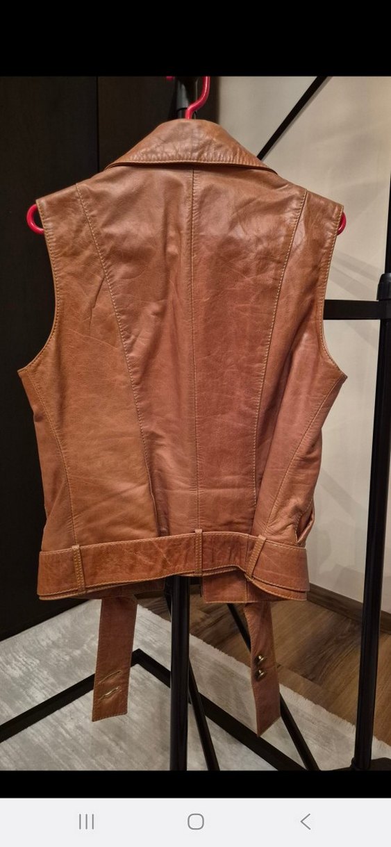 Kahverengi Deri Kemerli Kolsuz Biker Yelek - Görsel 3