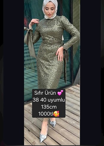 Parlak haki yeşil Uzun Kollu Payetli Abiye Elbise