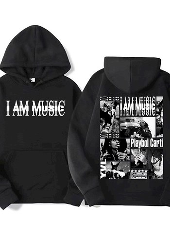 Siyah Kapüşonlu Baskılı Sweatshirt