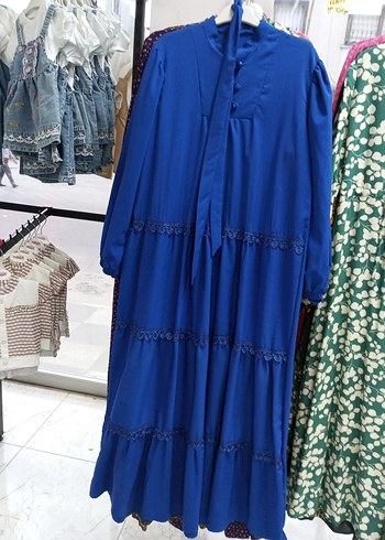 Uzun Kollu Mavi Bohem Poplin kumaş Elbise