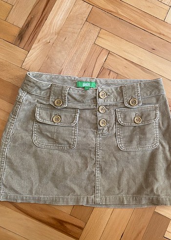 Diğer Düğmeli Bej Denim Mini Etek