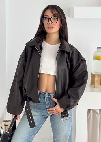 kahverengi kemerli bomber Deri Ceket - Görsel 2