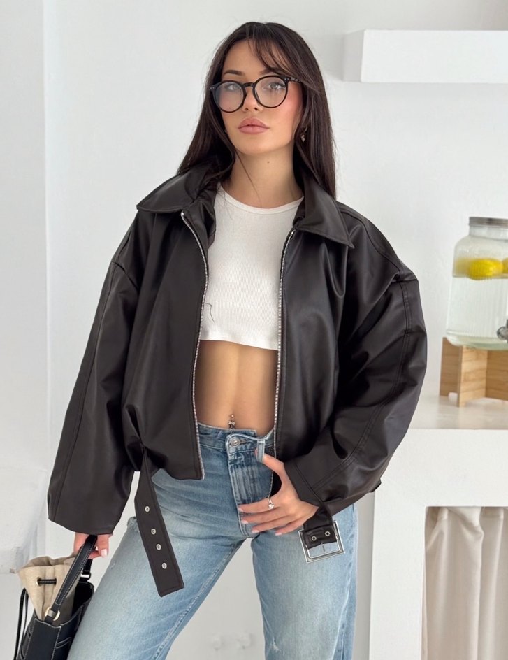 kahverengi kemerli bomber Deri Ceket - Görsel 2