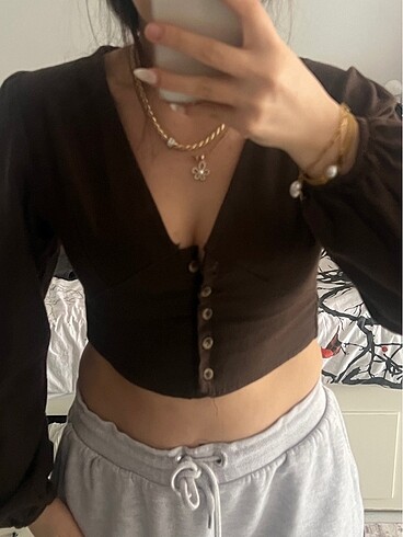 Kahverengi crop gomlek