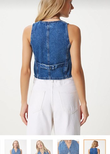 Diğer Düğmeli Mavi Denim V Yaka Kadın Yelek