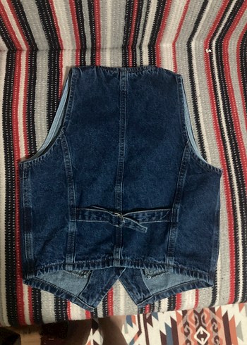 m Beden Düğmeli Mavi Denim V Yaka Kadın Yelek
