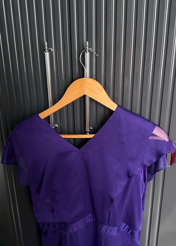 Mor V Yakalı Uzun Saten Elbise - Görsel 2